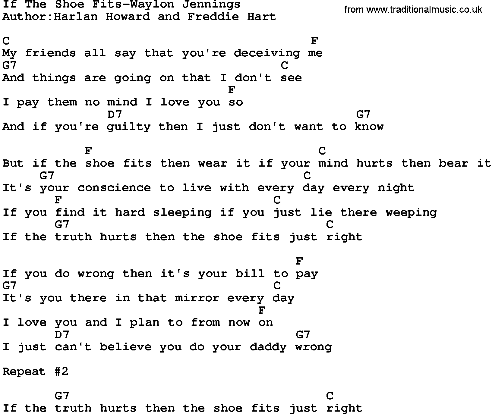 Country music song: If The Shoe Fits-Waylon Jennings lyrics and chords