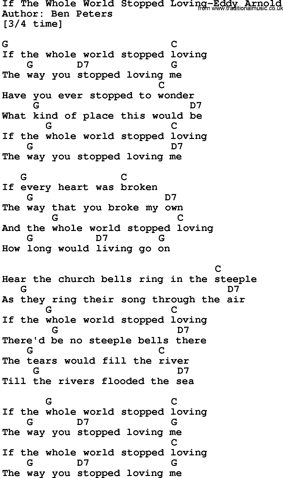 Country music song: If The Whole World Stopped Loving-Eddy Arnold lyrics and chords