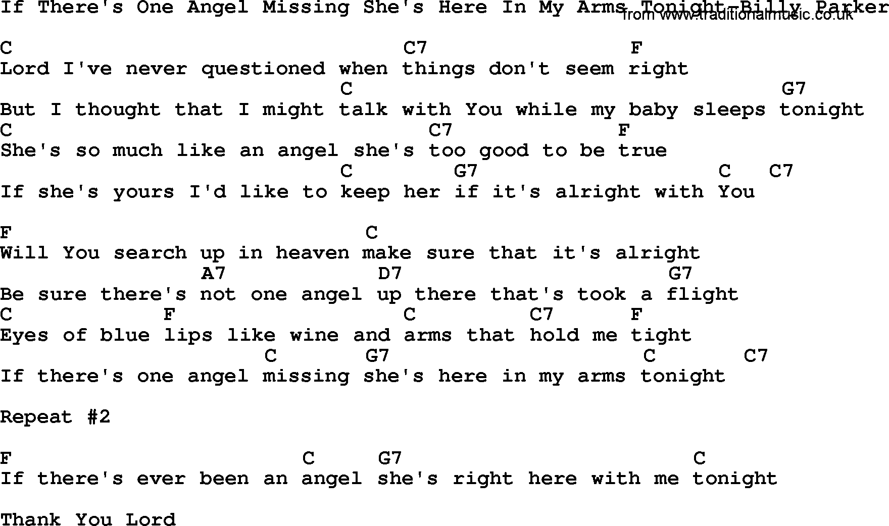 Country music song: If There's One Angel Missing She's Here In My Arms Tonight-Billy Parker lyrics and chords
