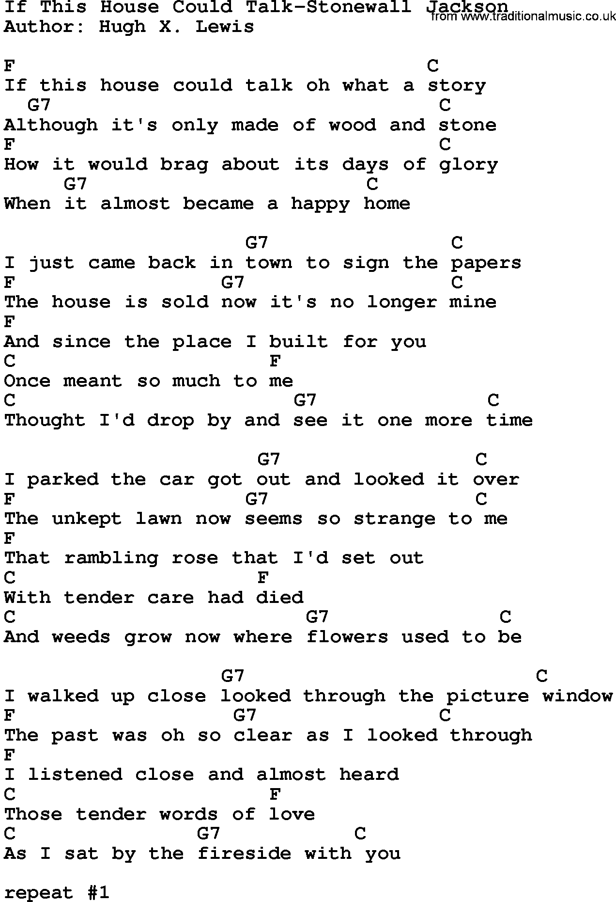 Country music song: If This House Could Talk-Stonewall Jackson lyrics and chords