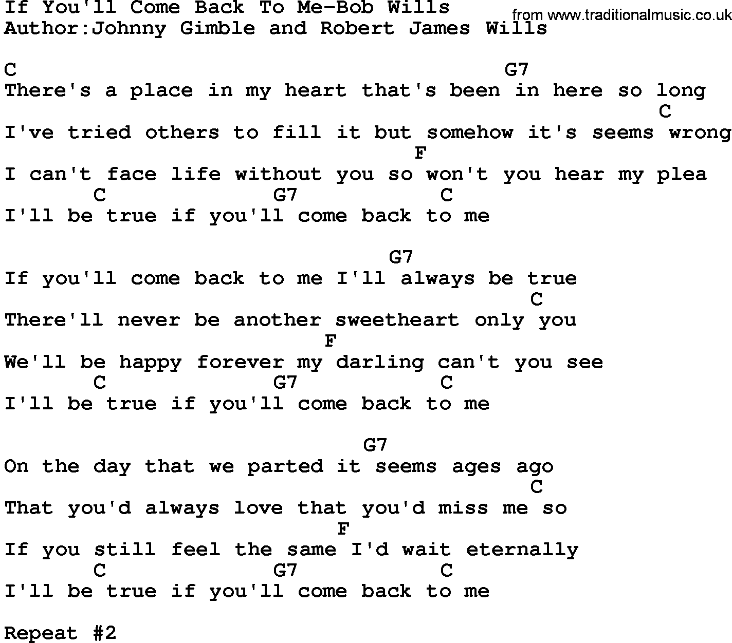 Country music song: If You'll Come Back To Me-Bob Wills lyrics and chords