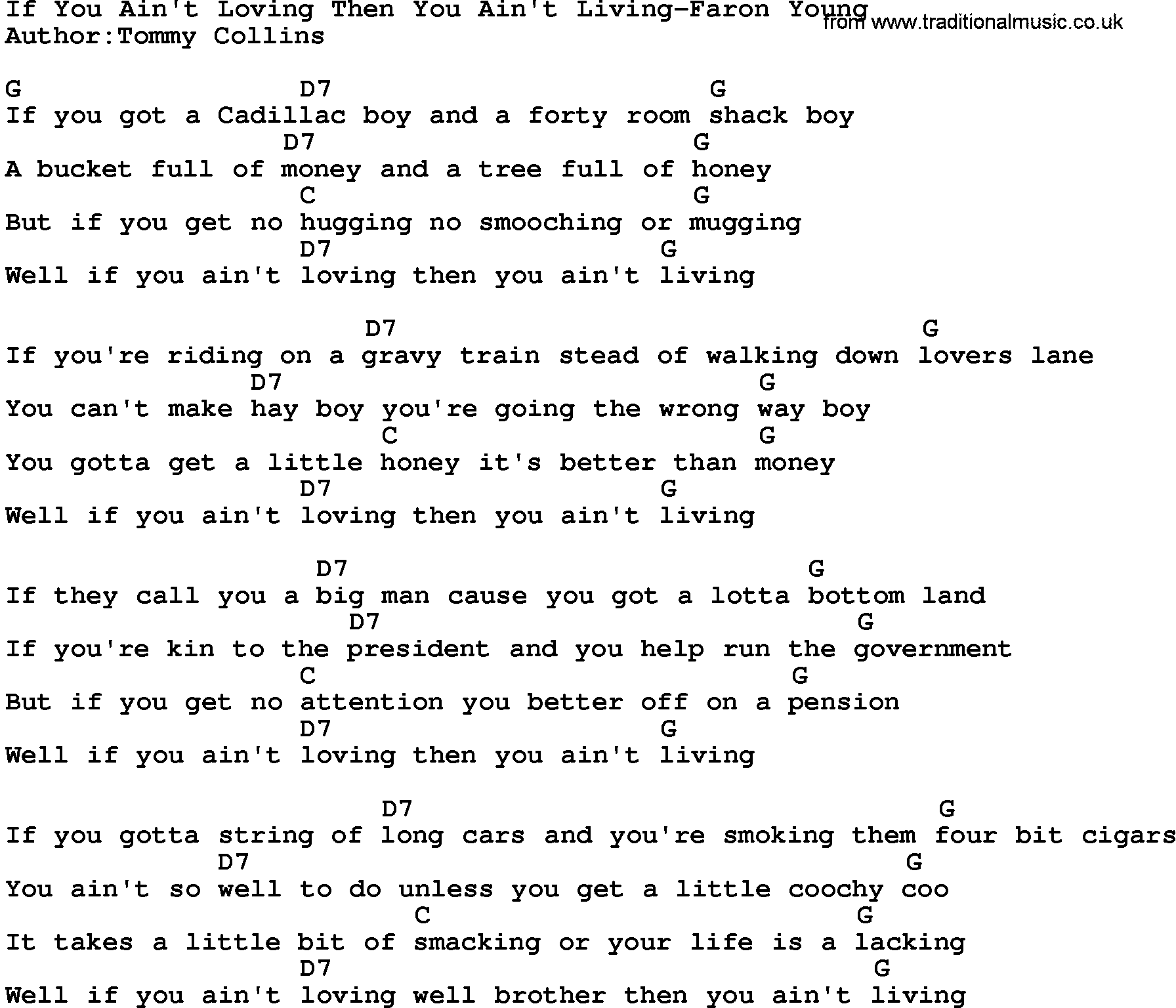 Country music song: If You Ain't Loving Then You Ain't Living-Faron Young lyrics and chords