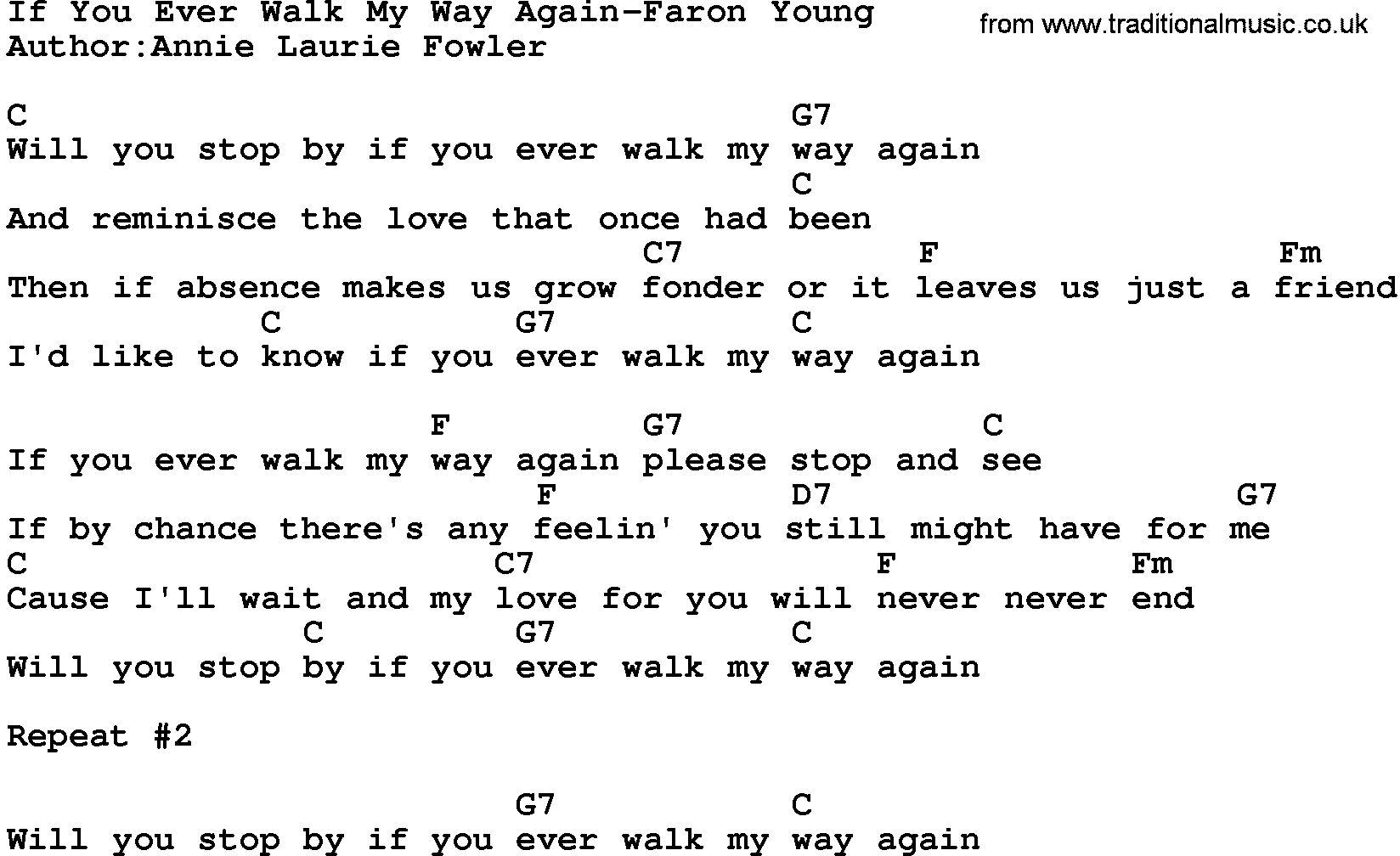 Country music song: If You Ever Walk My Way Again-Faron Young lyrics and chords