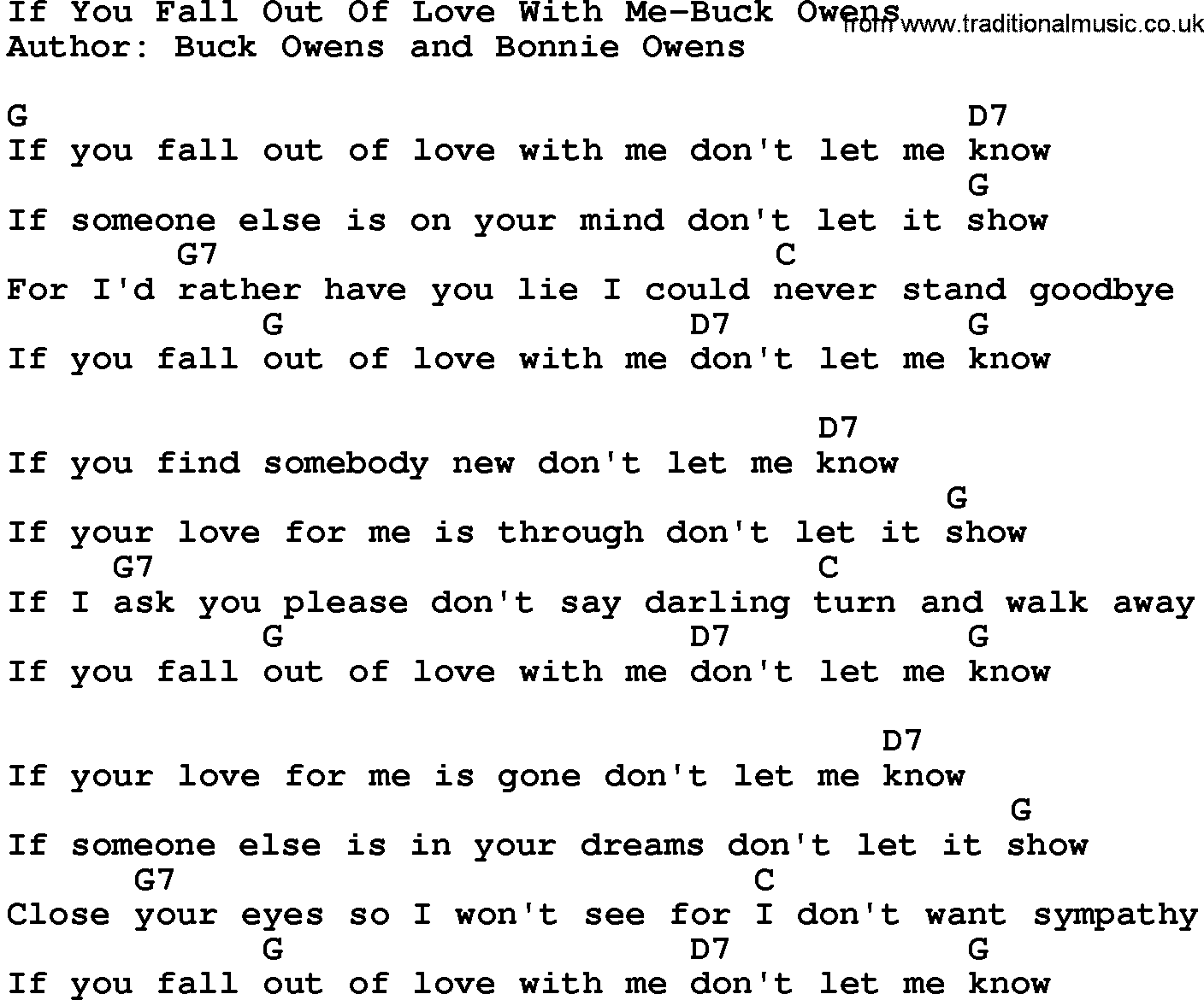 Country music song: If You Fall Out Of Love With Me-Buck Owens lyrics and chords