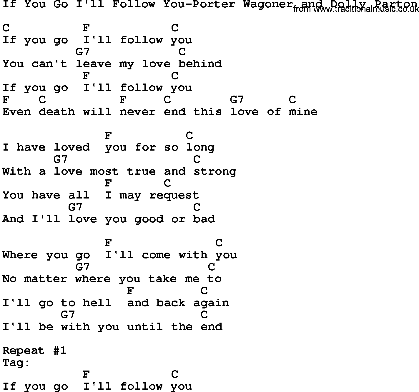 Country music song: If You Go I'll Follow You-Porter Wagoner And Dolly Parton lyrics and chords