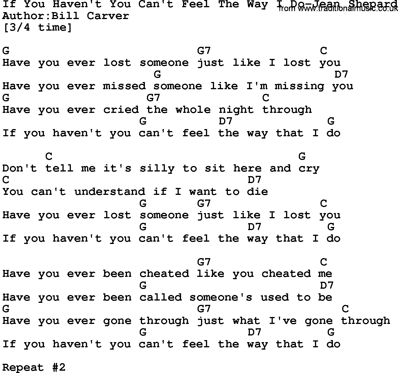 Country music song: If You Haven't You Can't Feel The Way I Do-Jean Shepard lyrics and chords