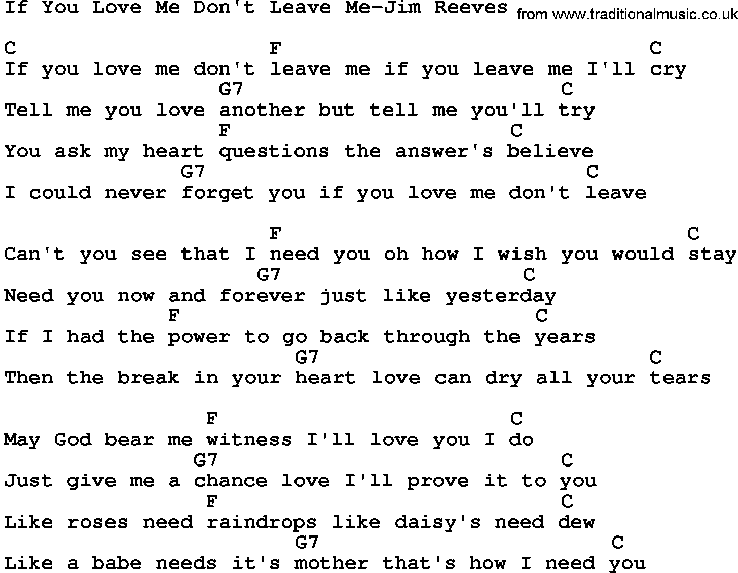 Country music song: If You Love Me Don't Leave Me-Jim Reeves lyrics and chords
