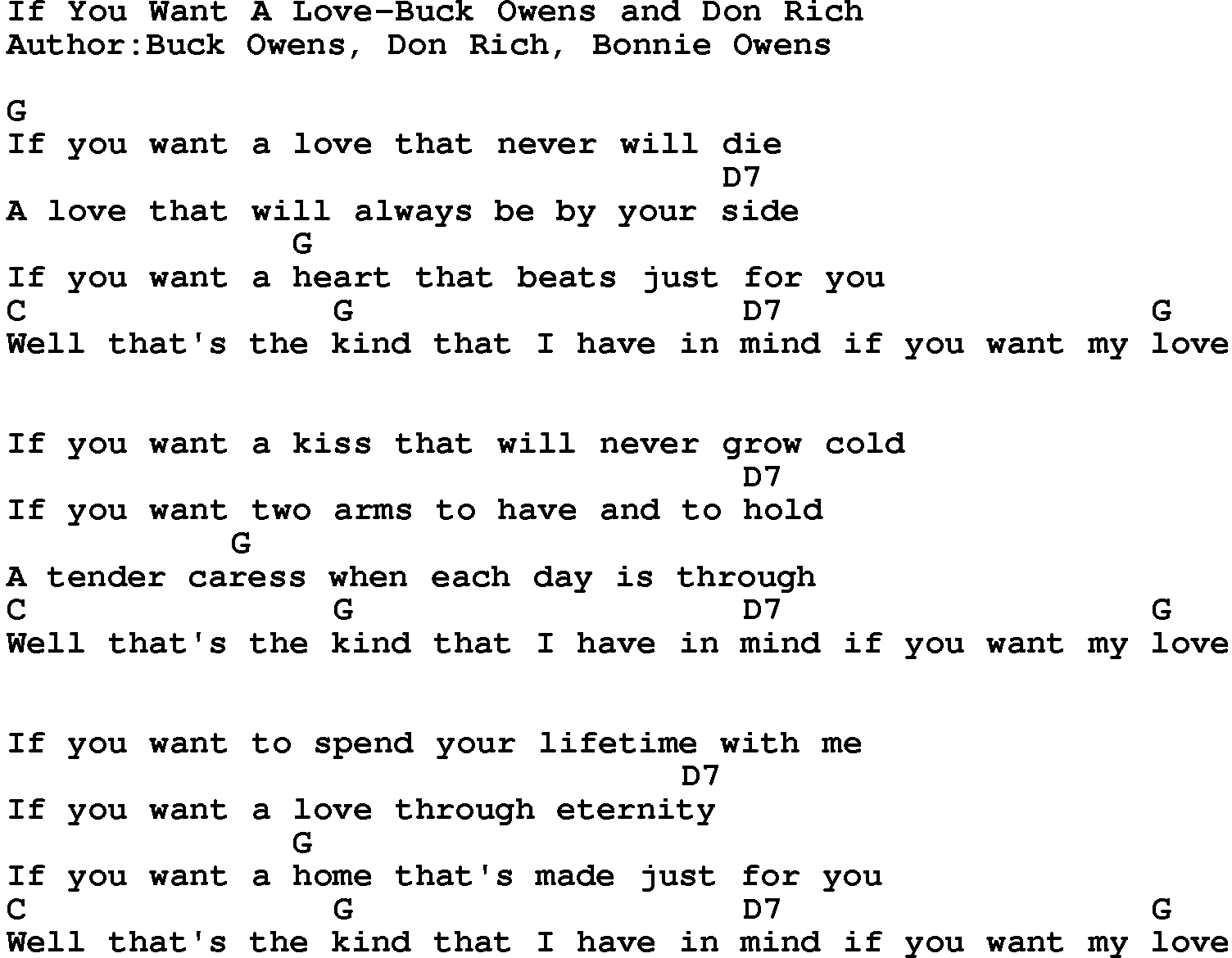 Country music song: If You Want A Love-Buck Owens And Don Rich lyrics and chords