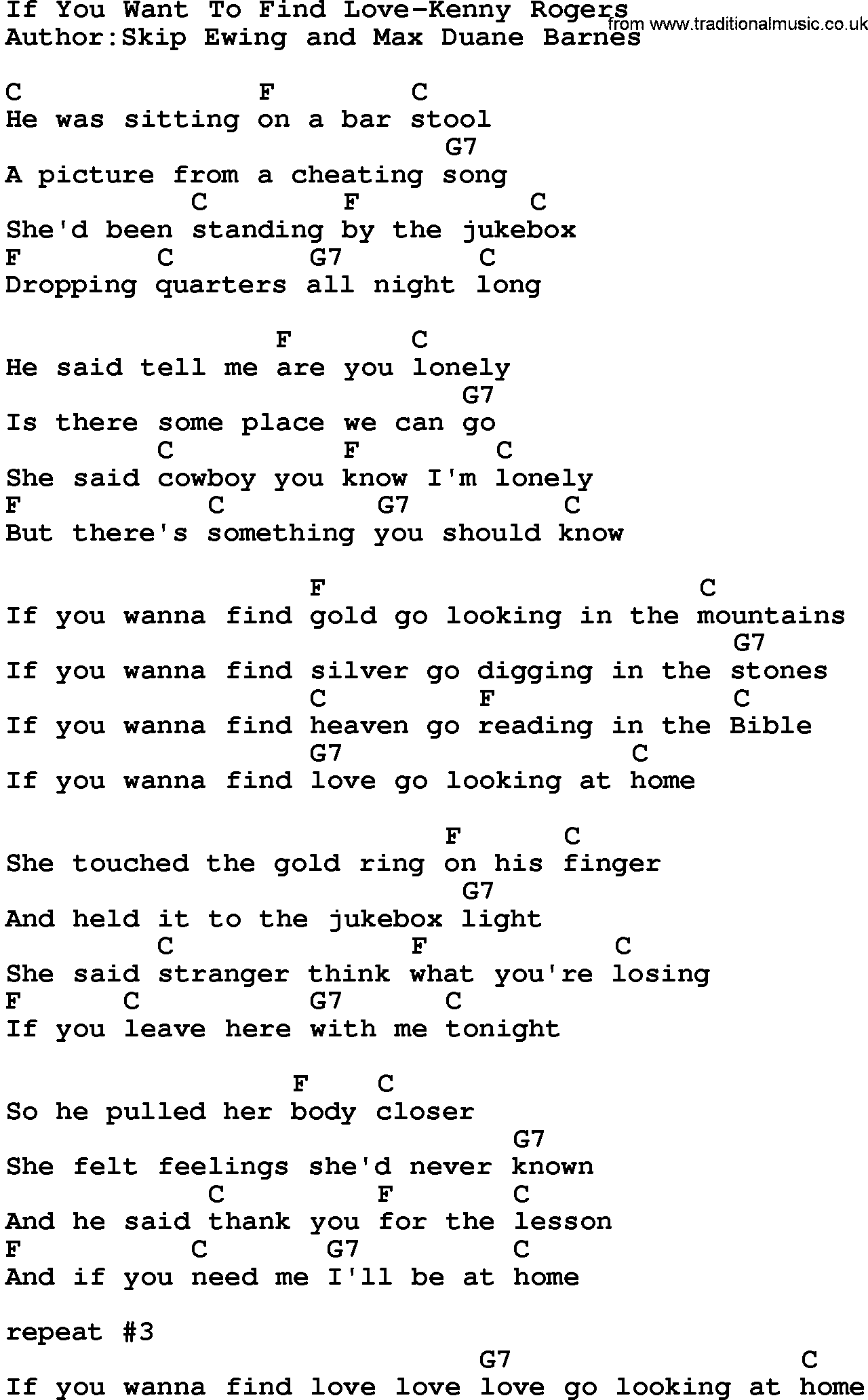 Country music song: If You Want To Find Love-Kenny Rogers lyrics and chords