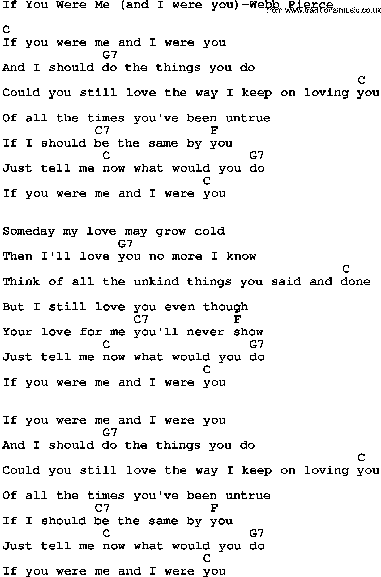 Country music song: If You Were Me(And I Were You)-Webb Pierce lyrics and chords