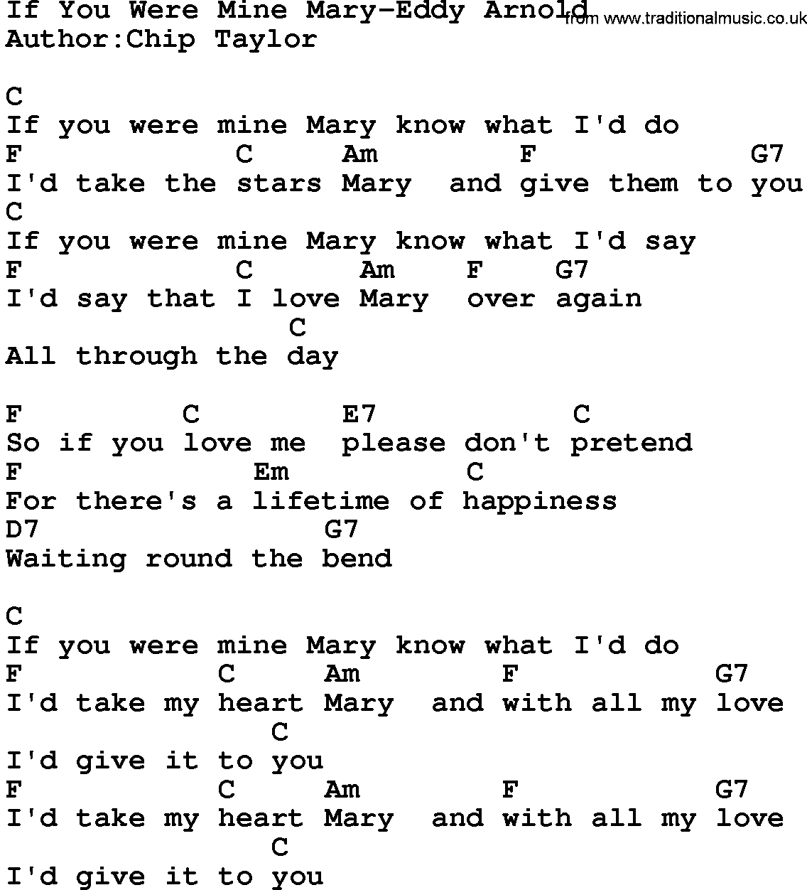 Country music song: If You Were Mine Mary-Eddy Arnold lyrics and chords