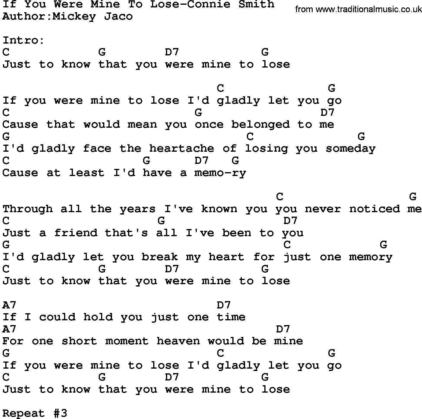 Country music song: If You Were Mine To Lose-Connie Smith lyrics and chords