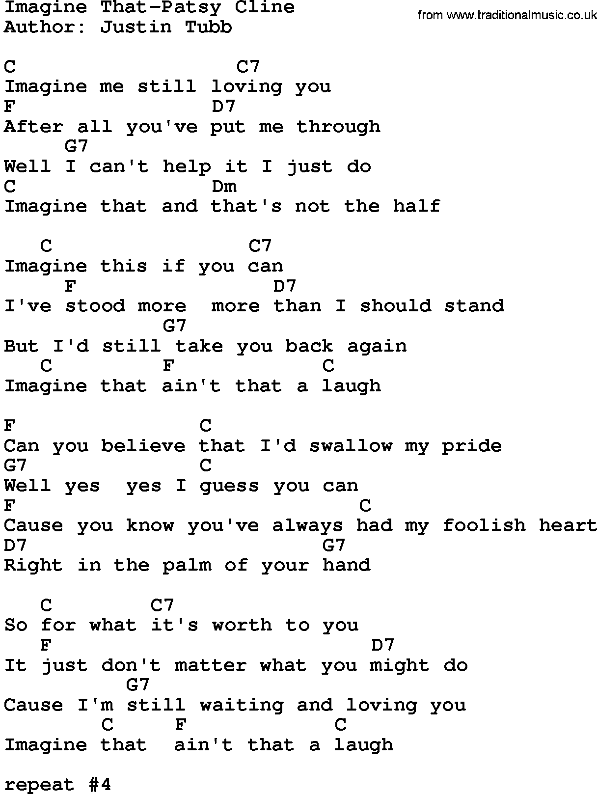 Country music song: Imagine That-Patsy Cline lyrics and chords
