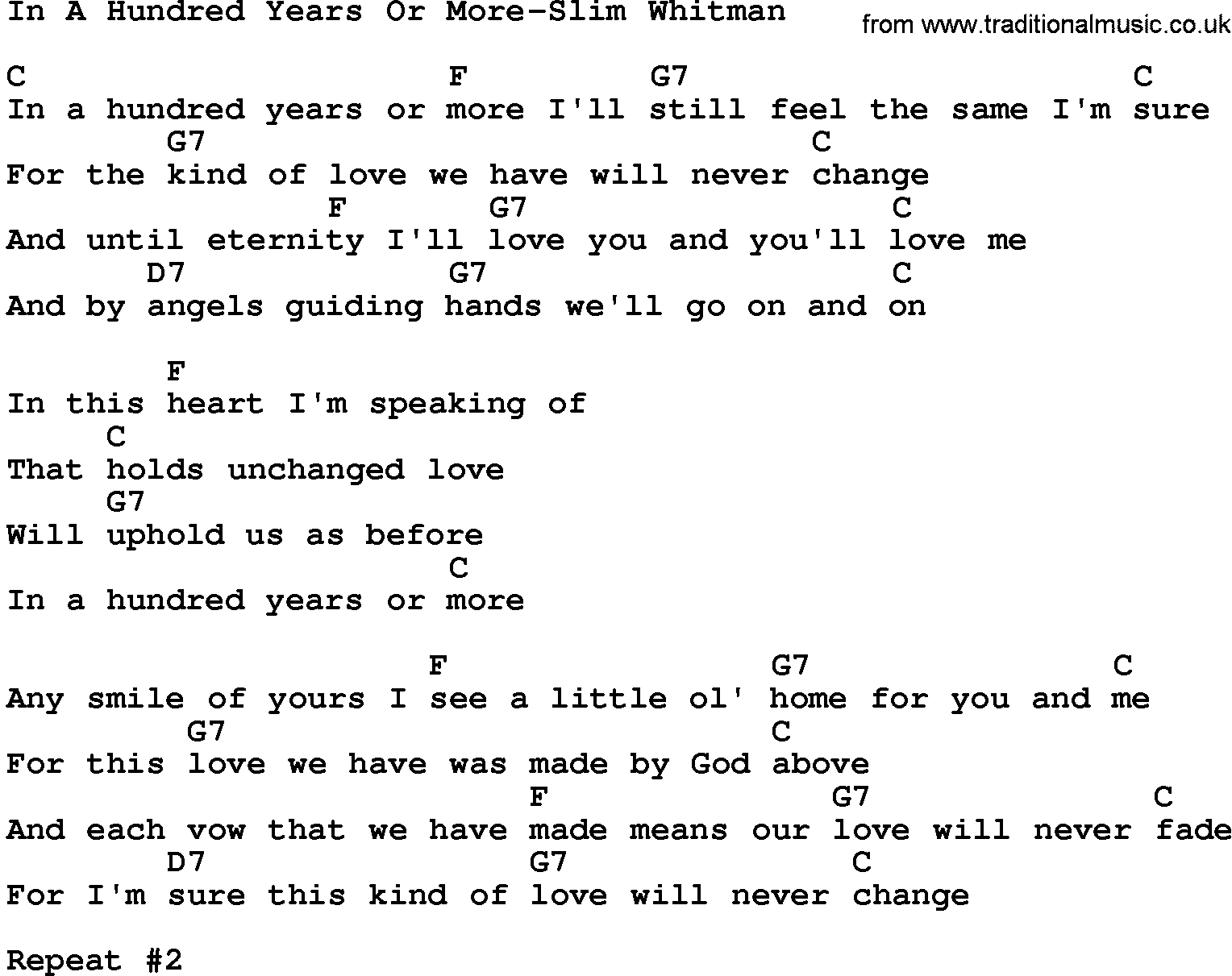 Country music song: In A Hundred Years Or More-Slim Whitman lyrics and chords