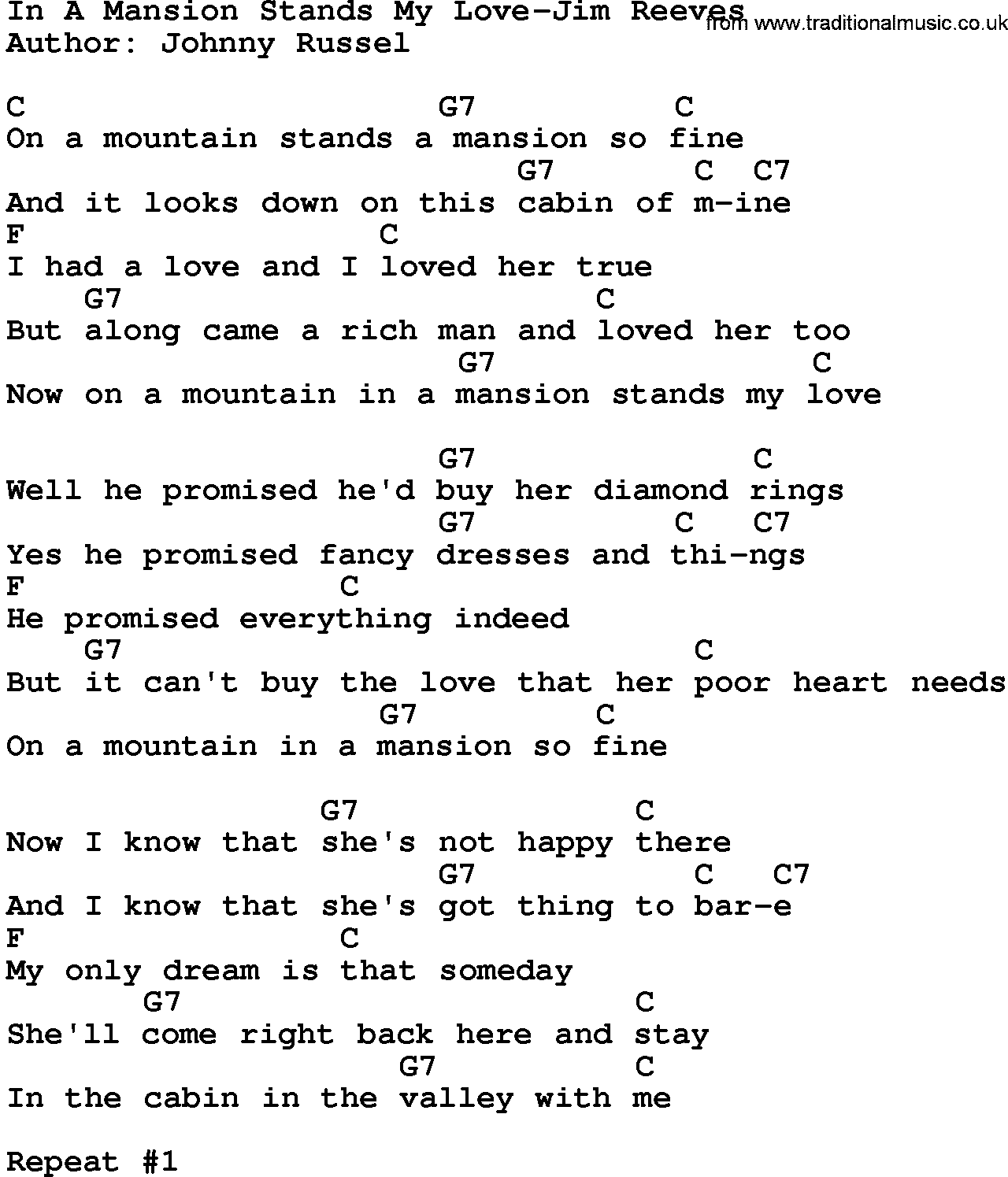 Country music song: In A Mansion Stands My Love-Jim Reeves lyrics and chords