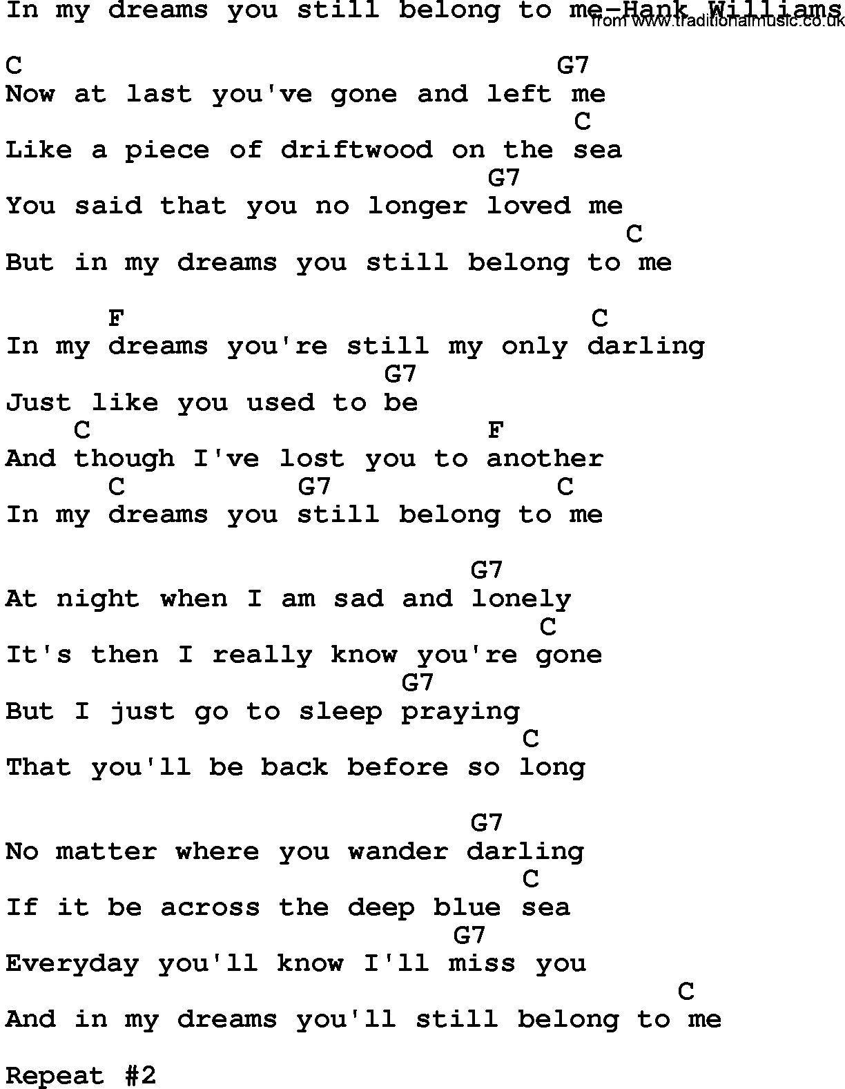Country music song: In My Dreams You Still Belong To Me-Hank Williams lyrics and chords