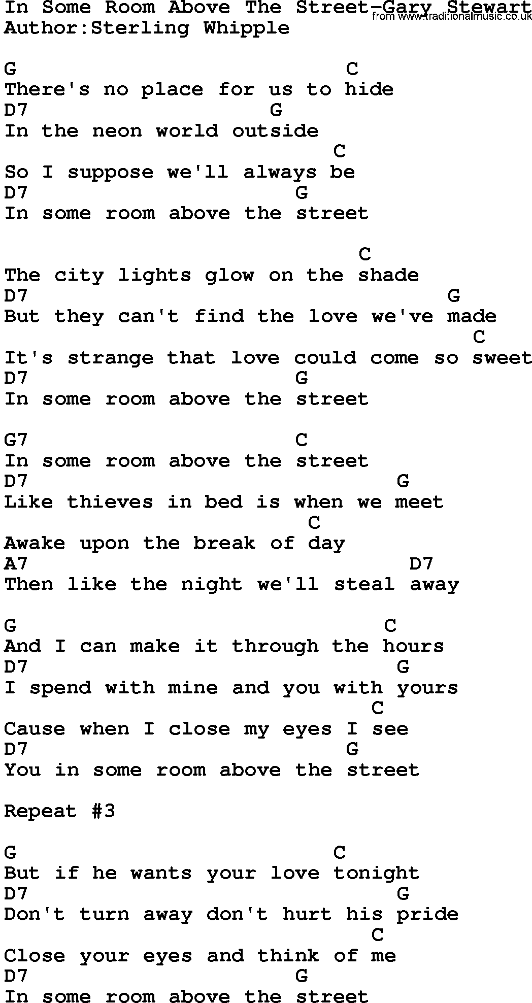 Country music song: In Some Room Above The Street-Gary Stewart lyrics and chords