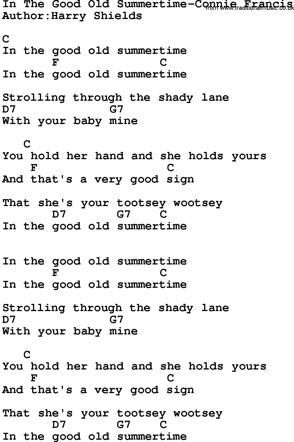 Country music song: In The Good Old Summertime-Connie Francis  lyrics and chords