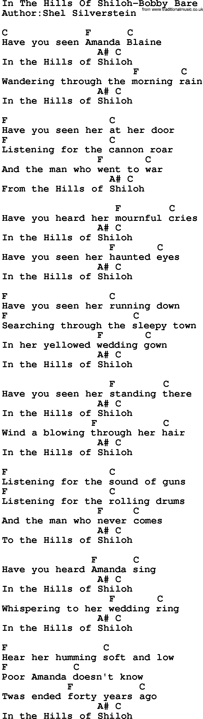 Country music song: In The Hills Of Shiloh-Bobby Bare lyrics and chords