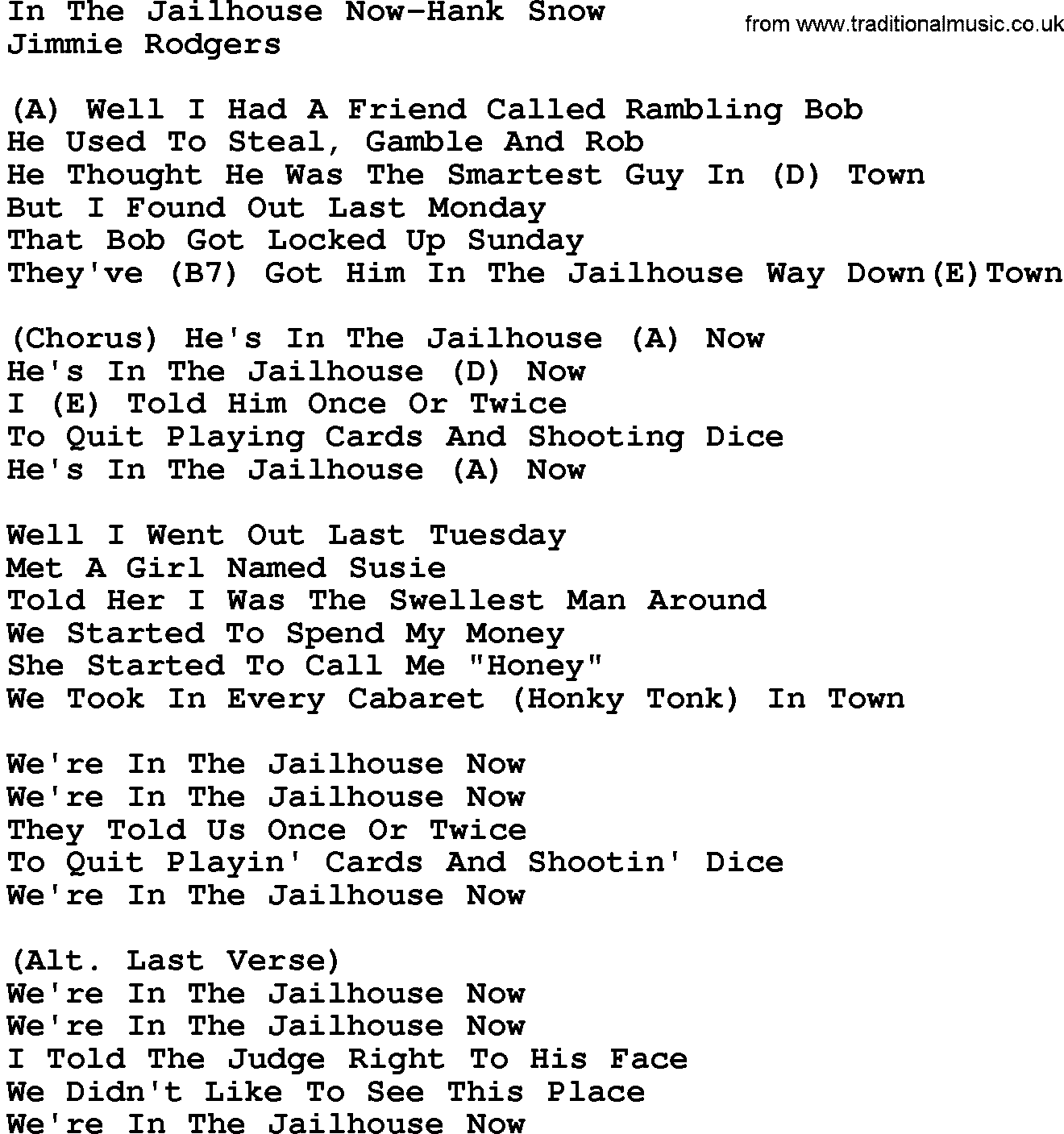Country music song: In The Jailhouse Now-Hank Snow lyrics and chords