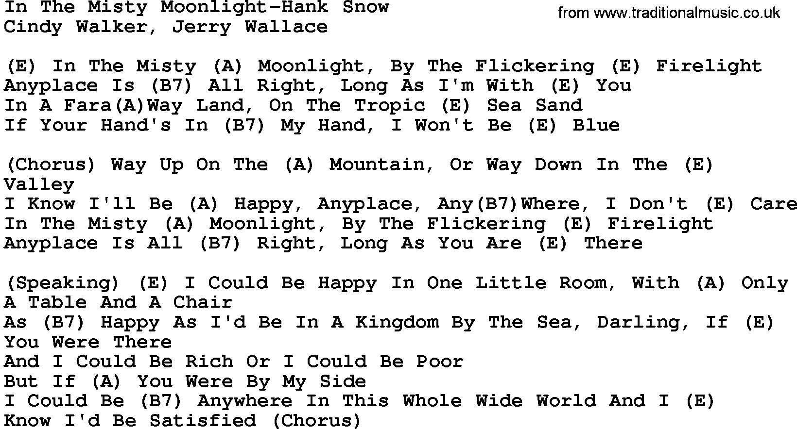 Country music song: In The Misty Moonlight-Hank Snow lyrics and chords