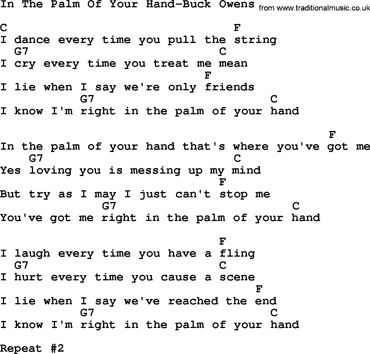 Country music song: In The Palm Of Your Hand-Buck Owens lyrics and chords