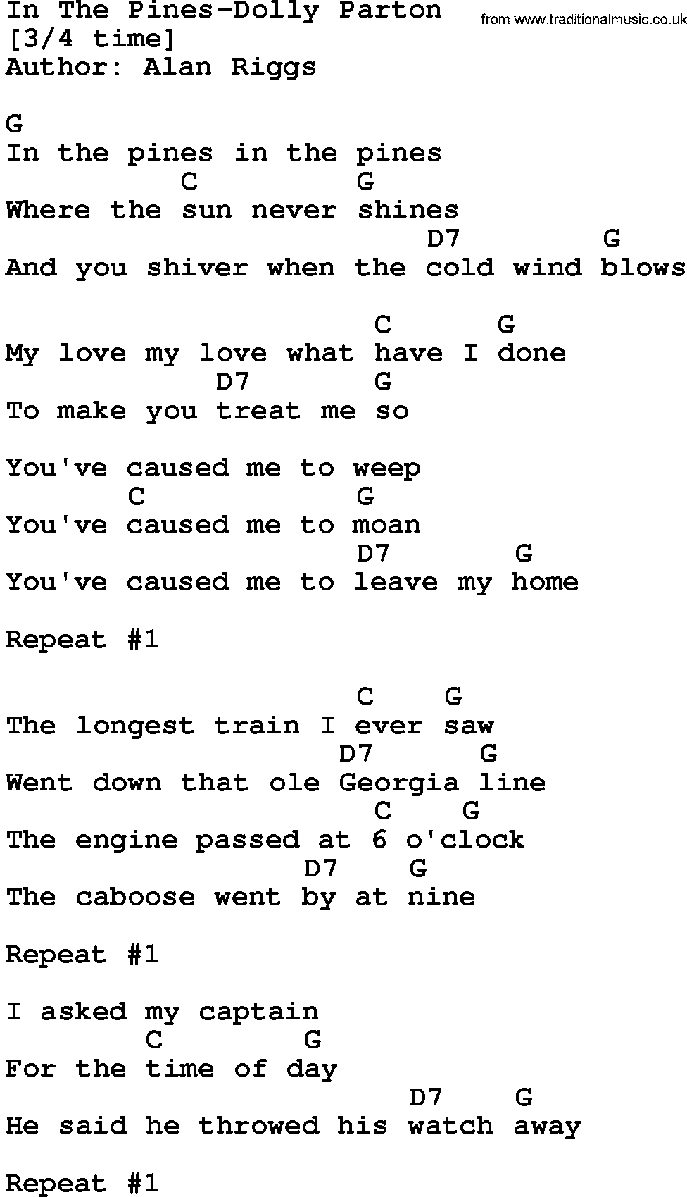 Country music song: In The Pines-Dolly Parton lyrics and chords