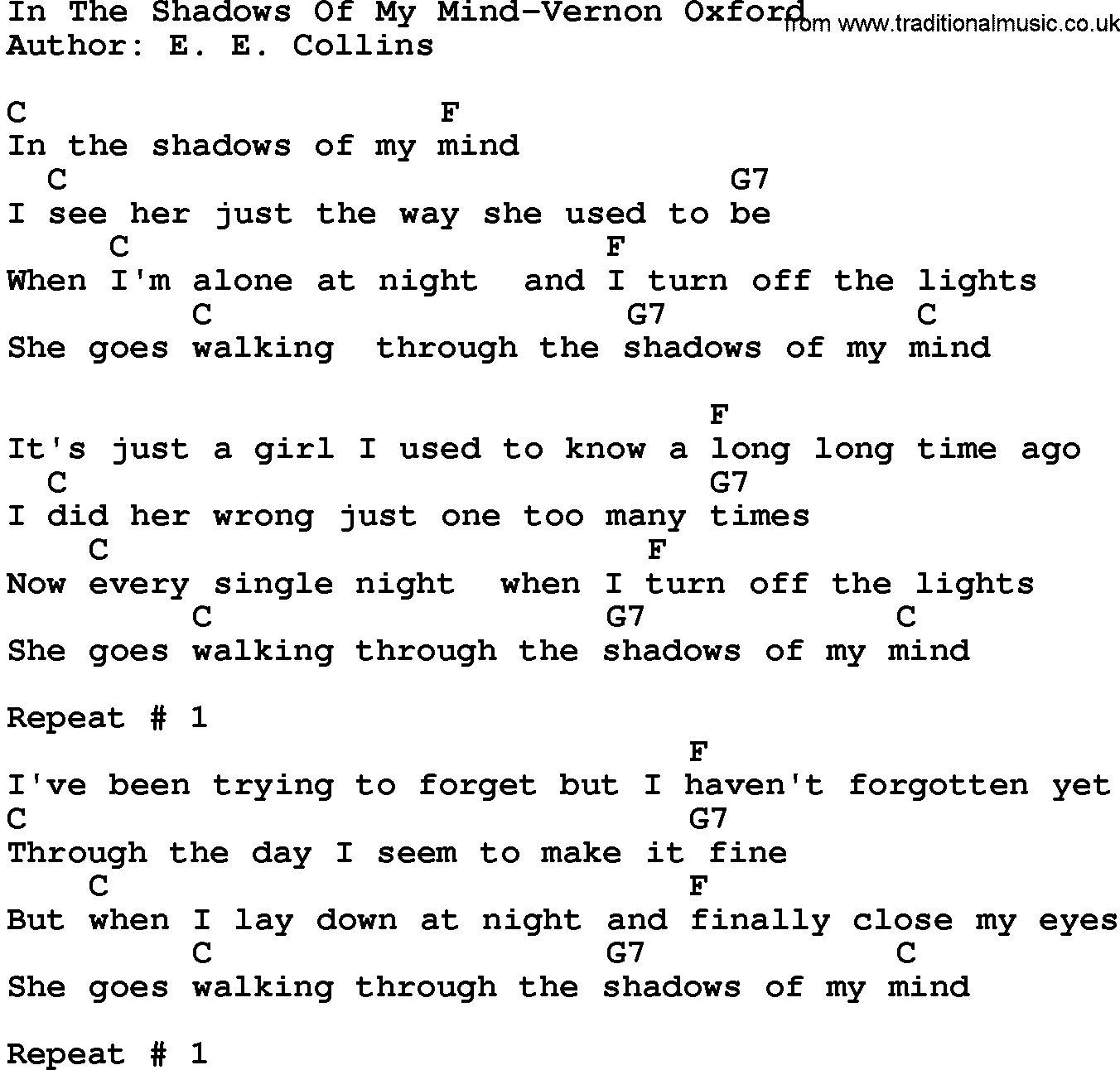 Country music song: In The Shadows Of My Mind-Vernon Oxford lyrics and chords