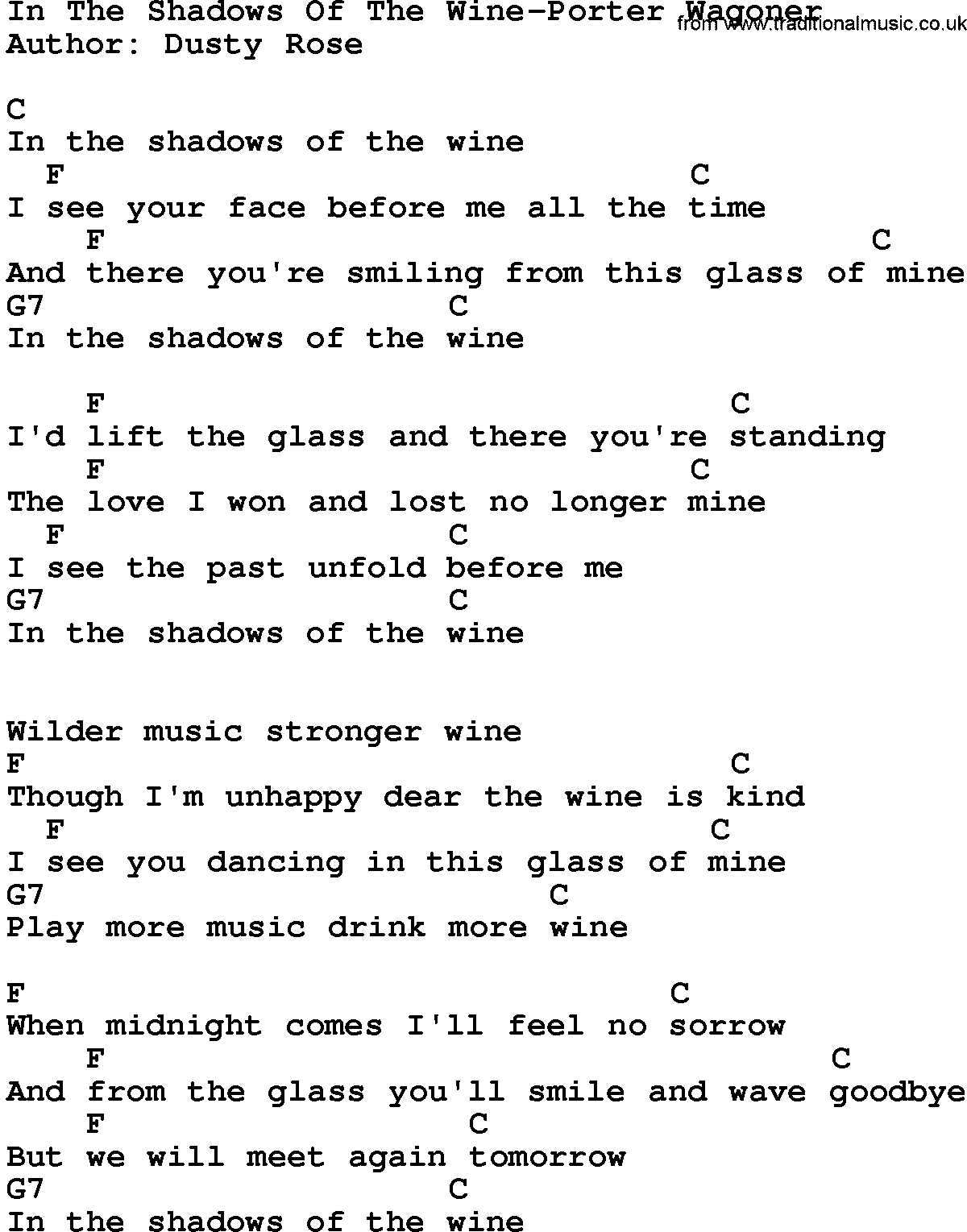 Country music song: In The Shadows Of The Wine-Porter Wagoner lyrics and chords