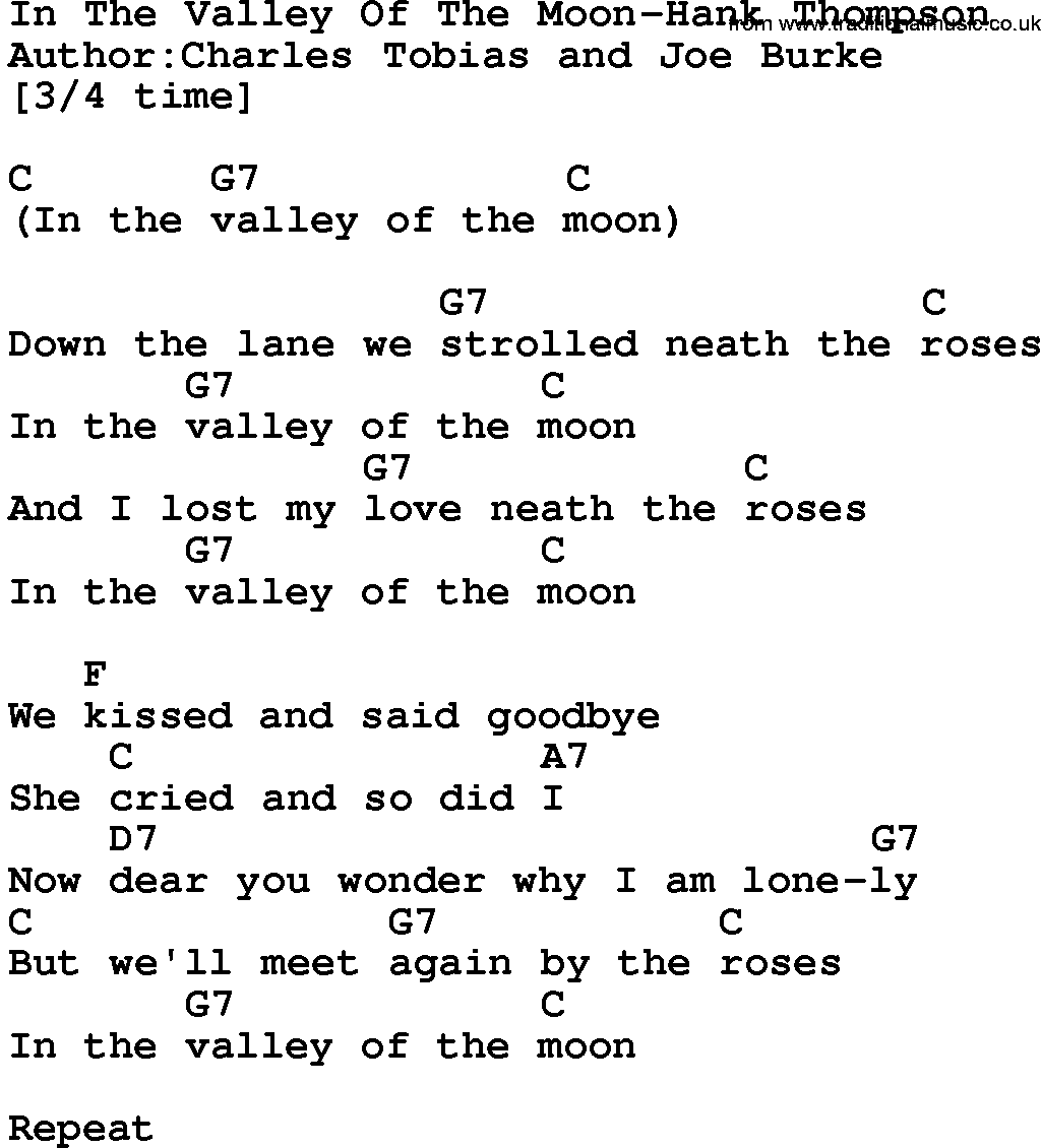 Country music song: In The Valley Of The Moon-Hank Thompson lyrics and chords