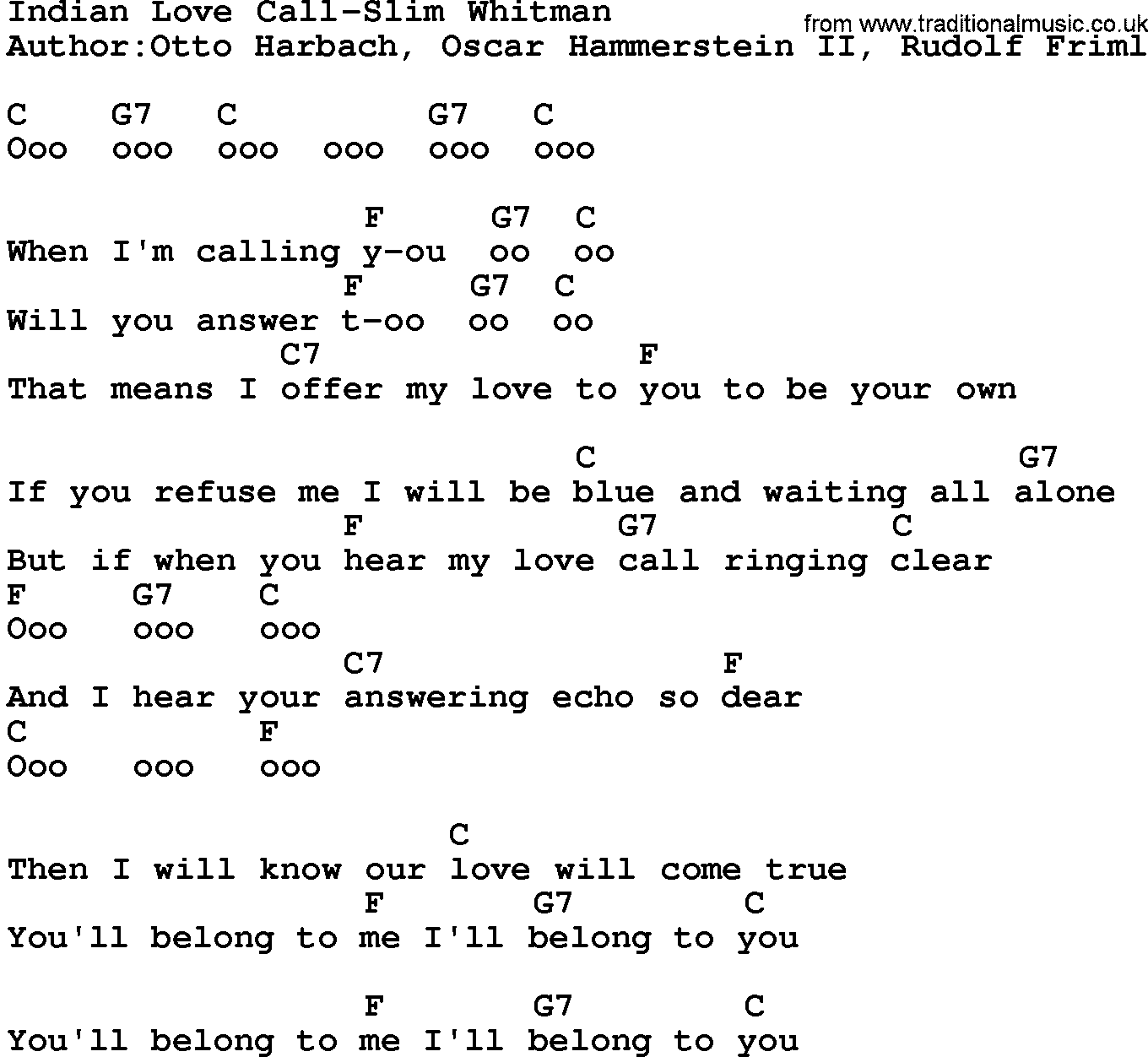 Country music song: Indian Love Call-Slim Whitman lyrics and chords
