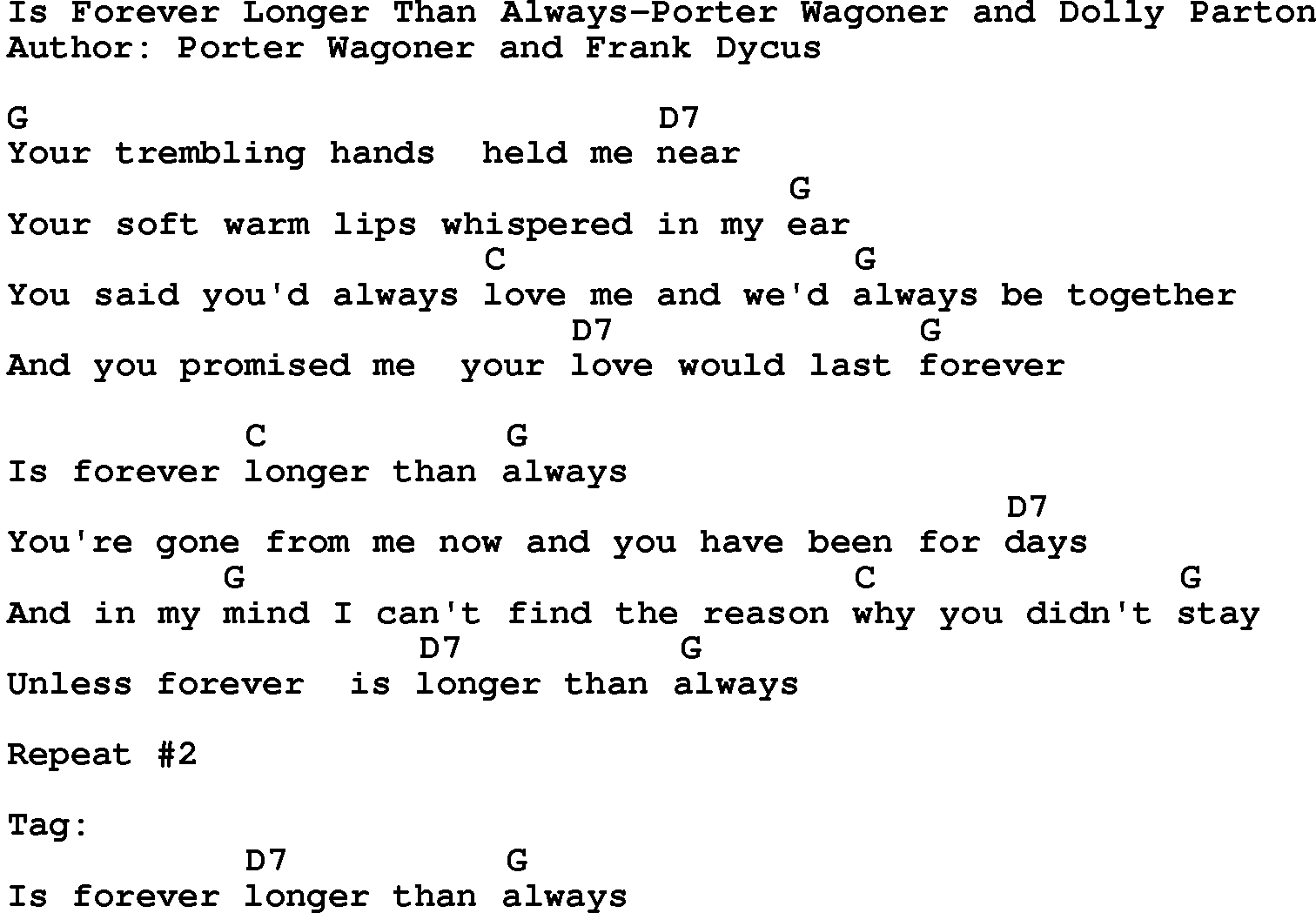 Country music song: Is Forever Longer Than Always-Porter Wagoner And Dolly Parton lyrics and chords