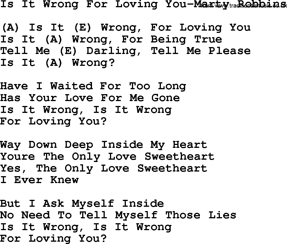 Country music song: Is It Wrong For Loving You-Marty Robbins lyrics and chords