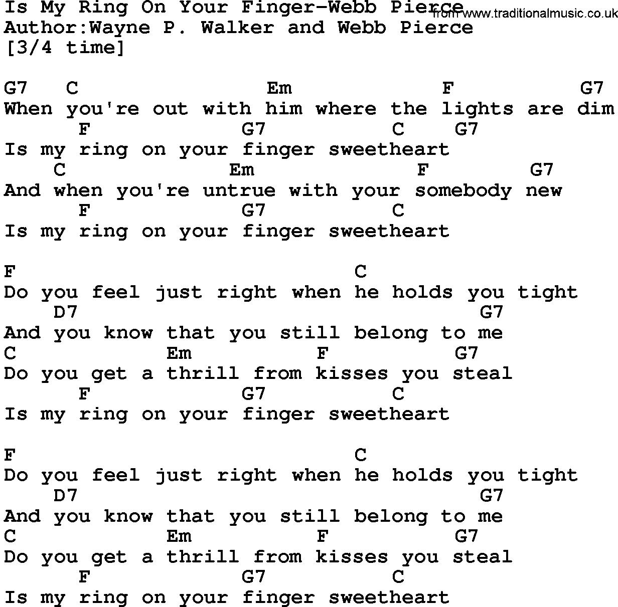 Country music song: Is My Ring On Your Finger-Webb Pierce lyrics and chords