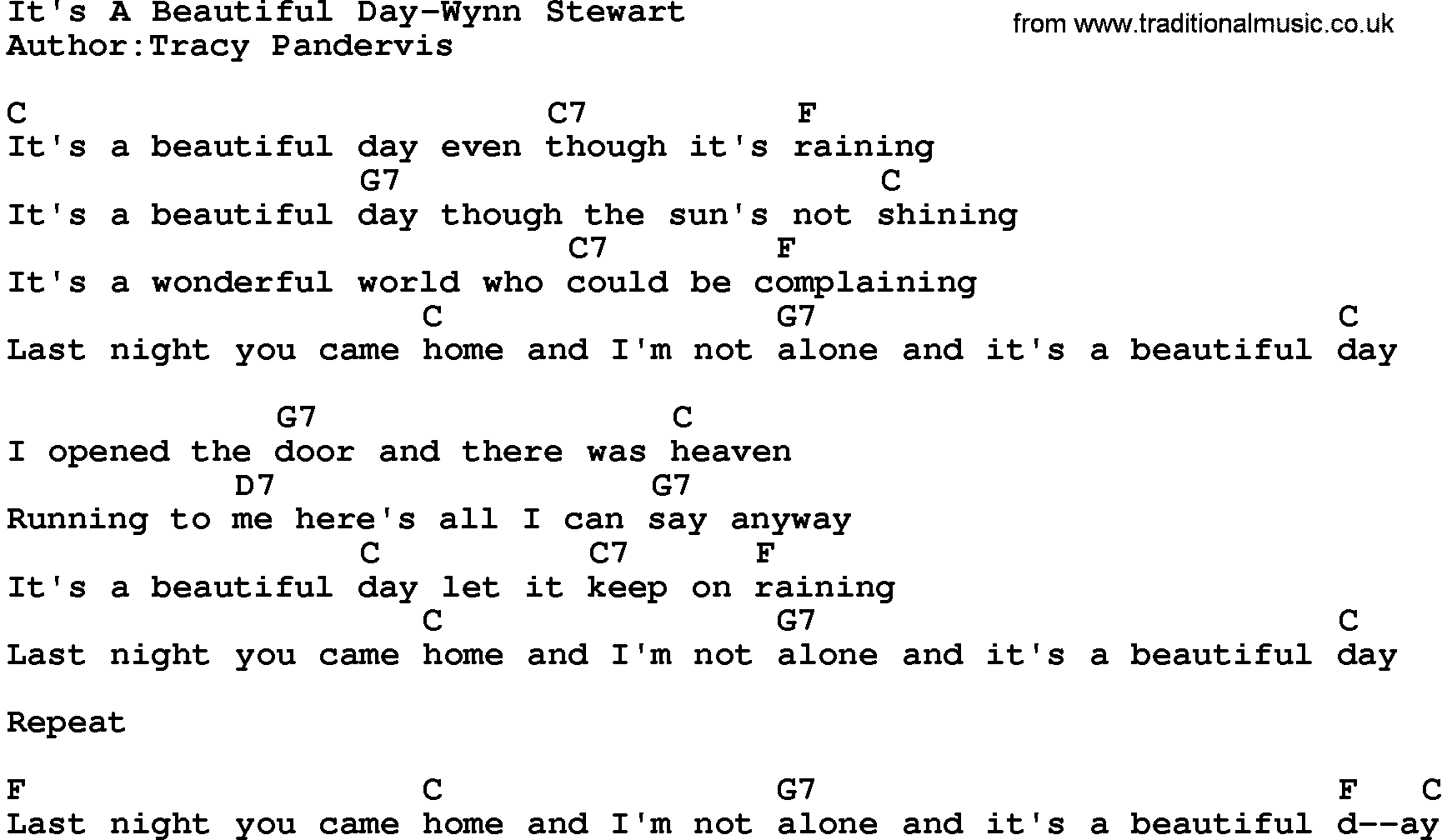 Country music song: It's A Beautiful Day-Wynn Stewart lyrics and chords