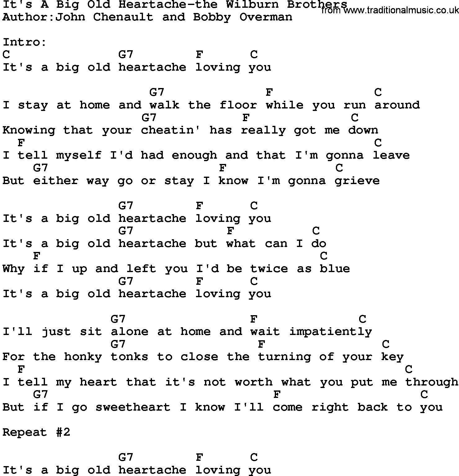 Country music song: It's A Big Old Heartache-The Wilburn Brothers lyrics and chords