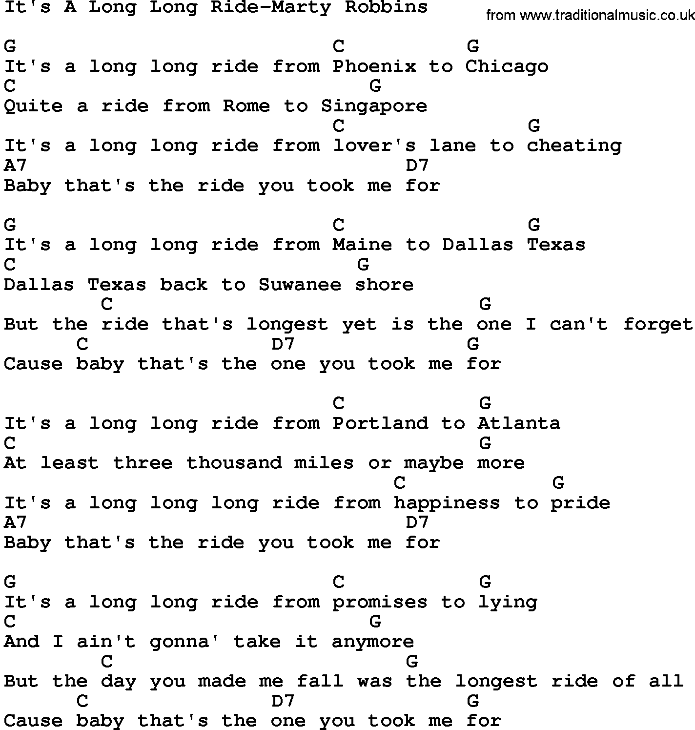 Country music song: It's A Long Long Ride-Marty Robbins lyrics and chords
