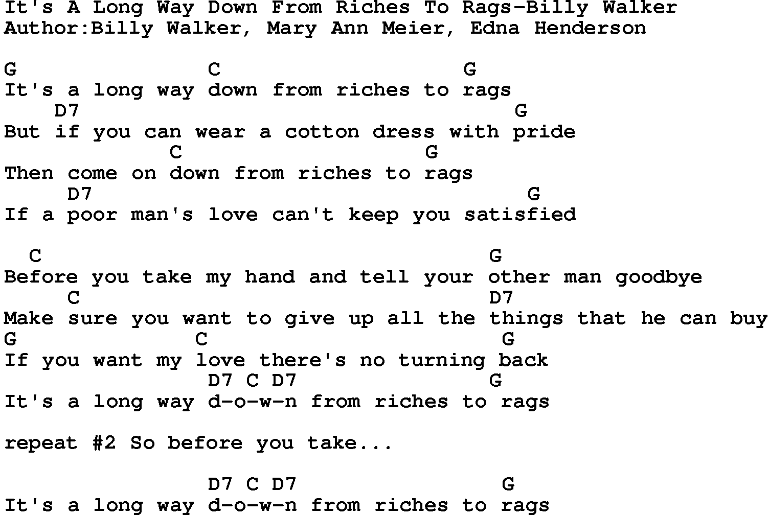 Country music song: It's A Long Way Down From Riches To Rags-Billy Walker lyrics and chords