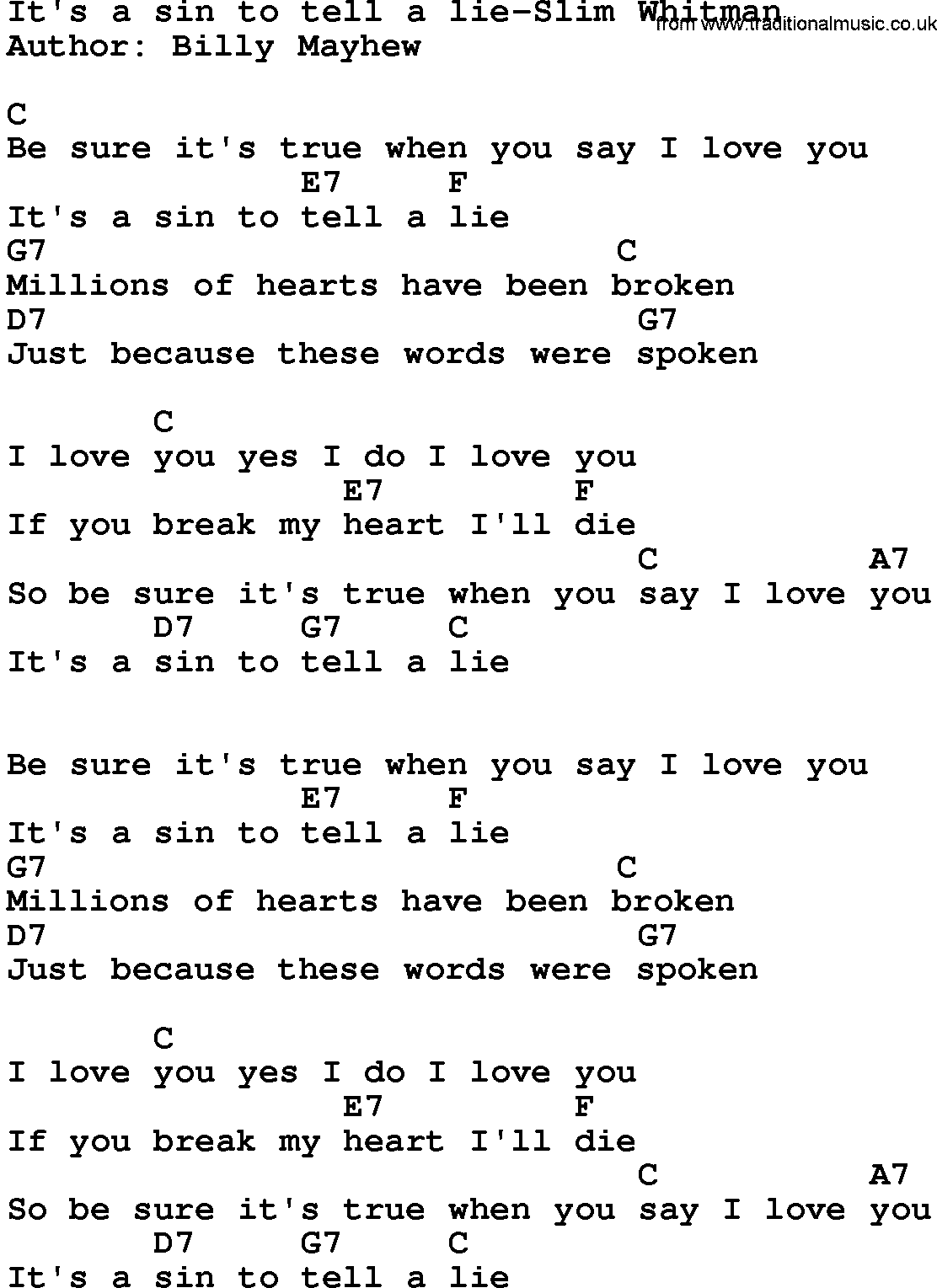 Country music song: It's A Sin To Tell A Lie-Slim Whitman lyrics and chords
