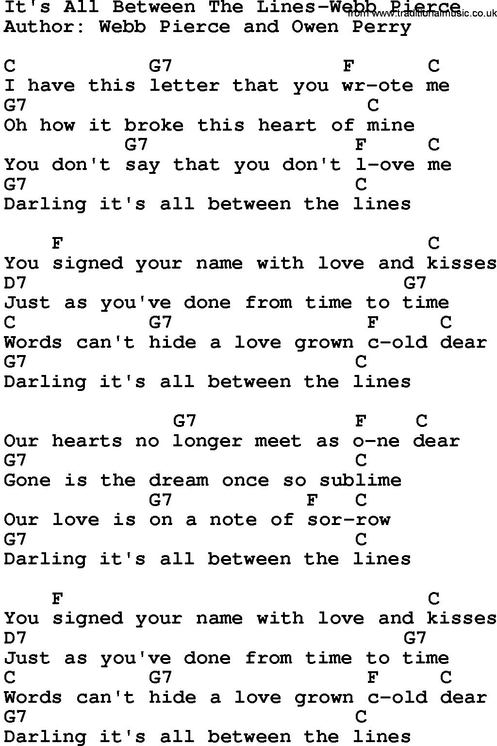 Country music song: It's All Between The Lines-Webb Pierce lyrics and chords