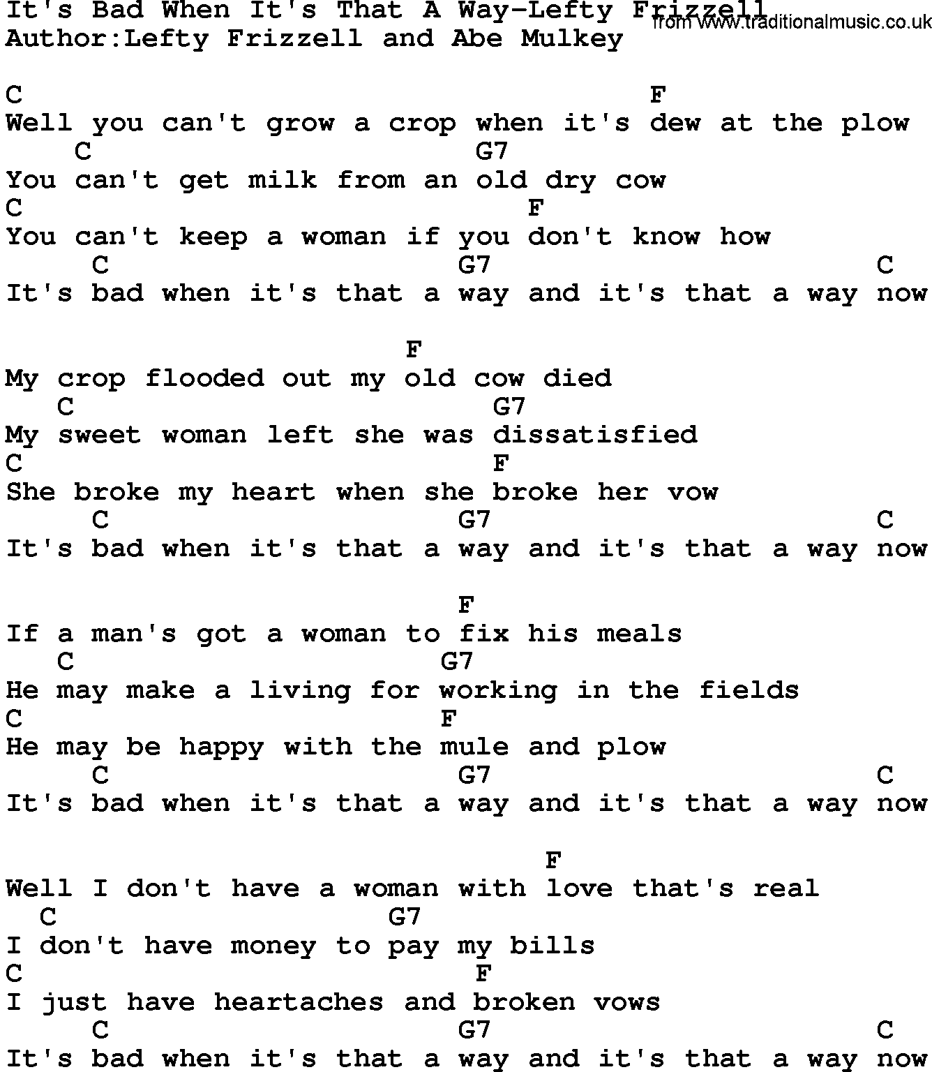 Country music song: It's Bad When It's That A Way-Lefty Frizzell lyrics and chords