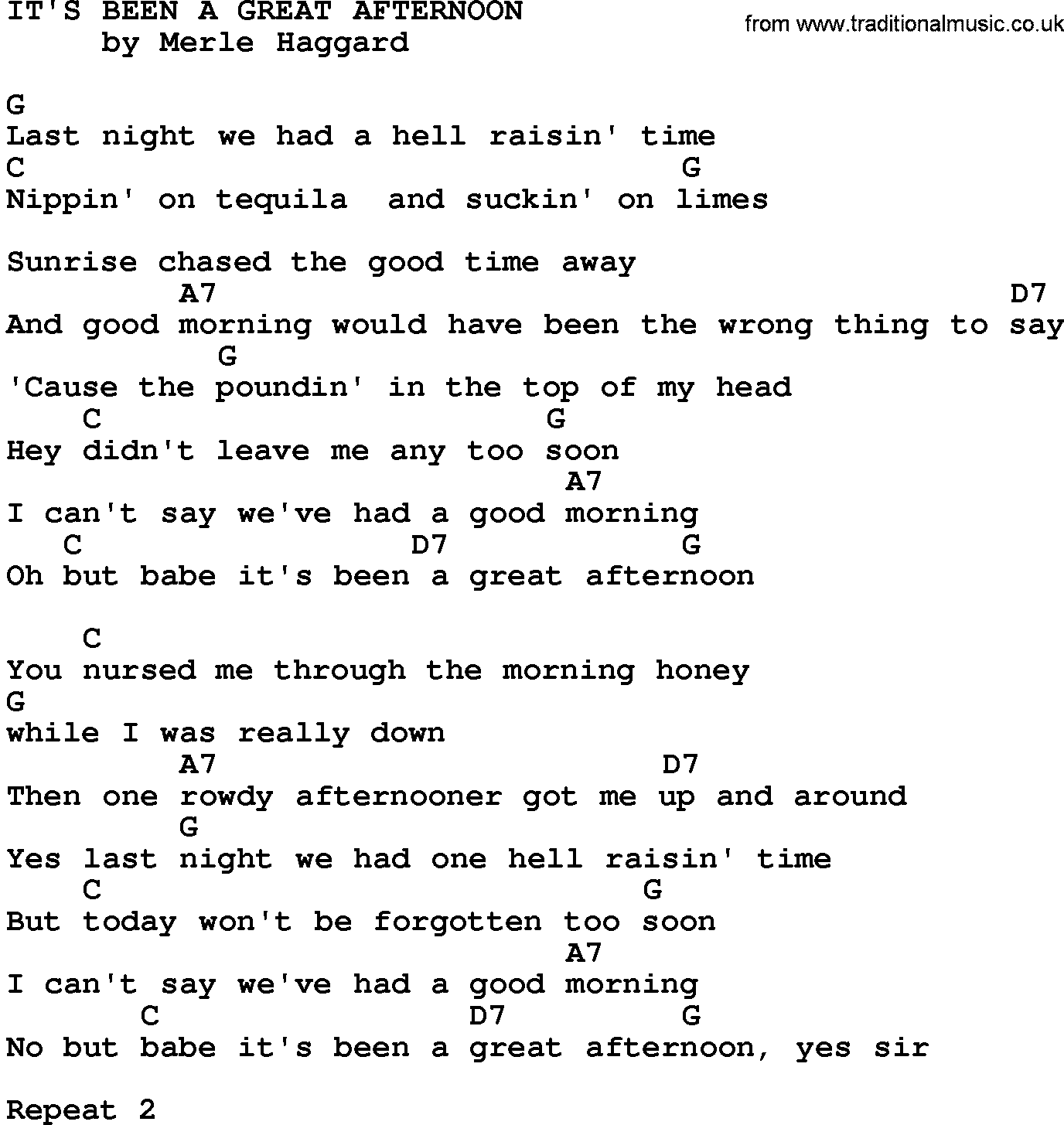 Country music song: It's Been A Great Afternoon lyrics and chords