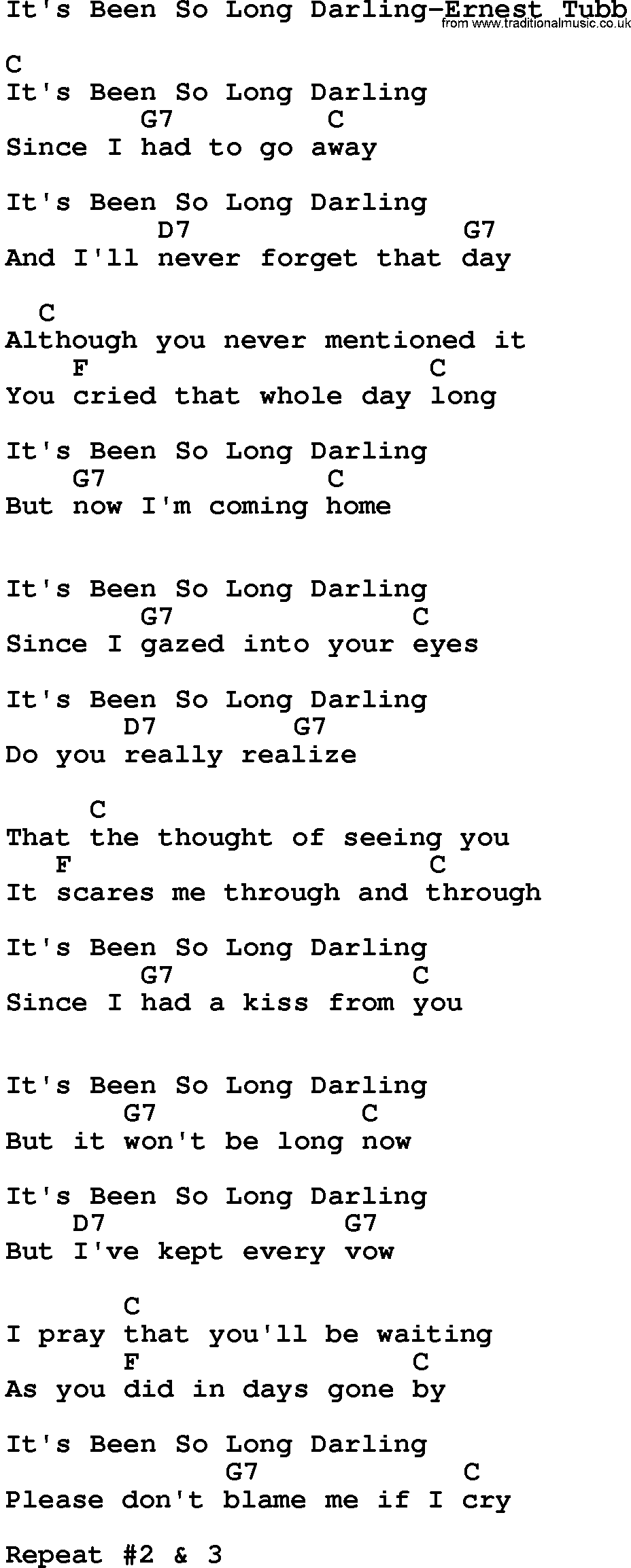 Country music song: It's Been So Long Darling-Ernest Tubb lyrics and chords