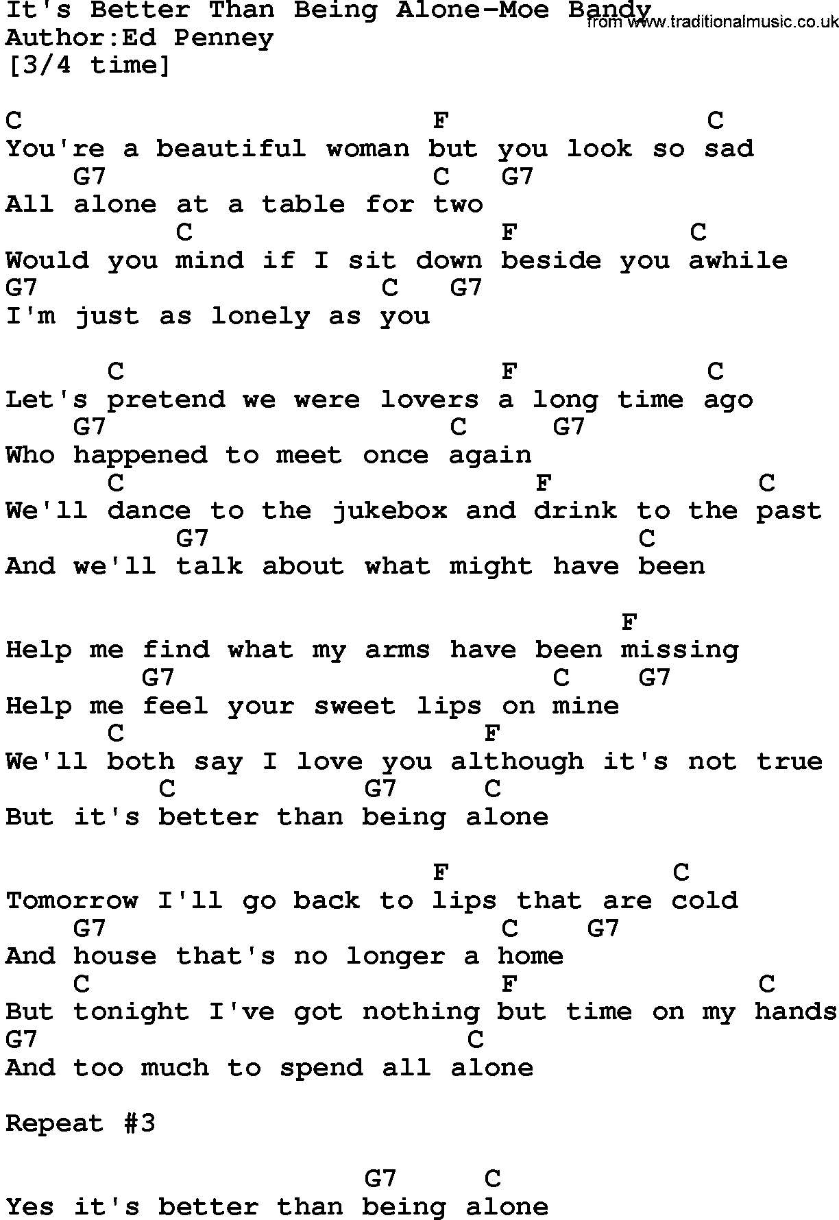 Country music song: It's Better Than Being Alone-Moe Bandy lyrics and chords