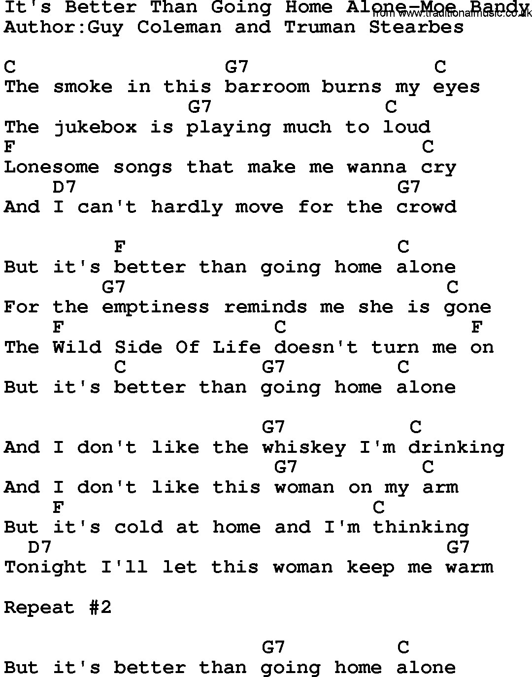 Country music song: It's Better Than Going Home Alone-Moe Bandy lyrics and chords