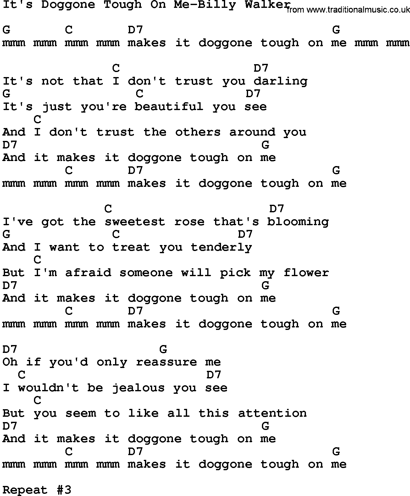 Country music song: It's Doggone Tough On Me-Billy Walker lyrics and chords