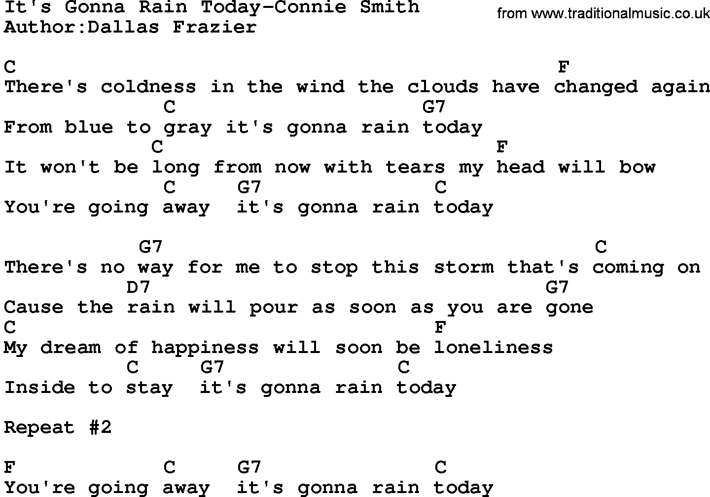 Country music song: It's Gonna Rain Today-Connie Smith lyrics and chords