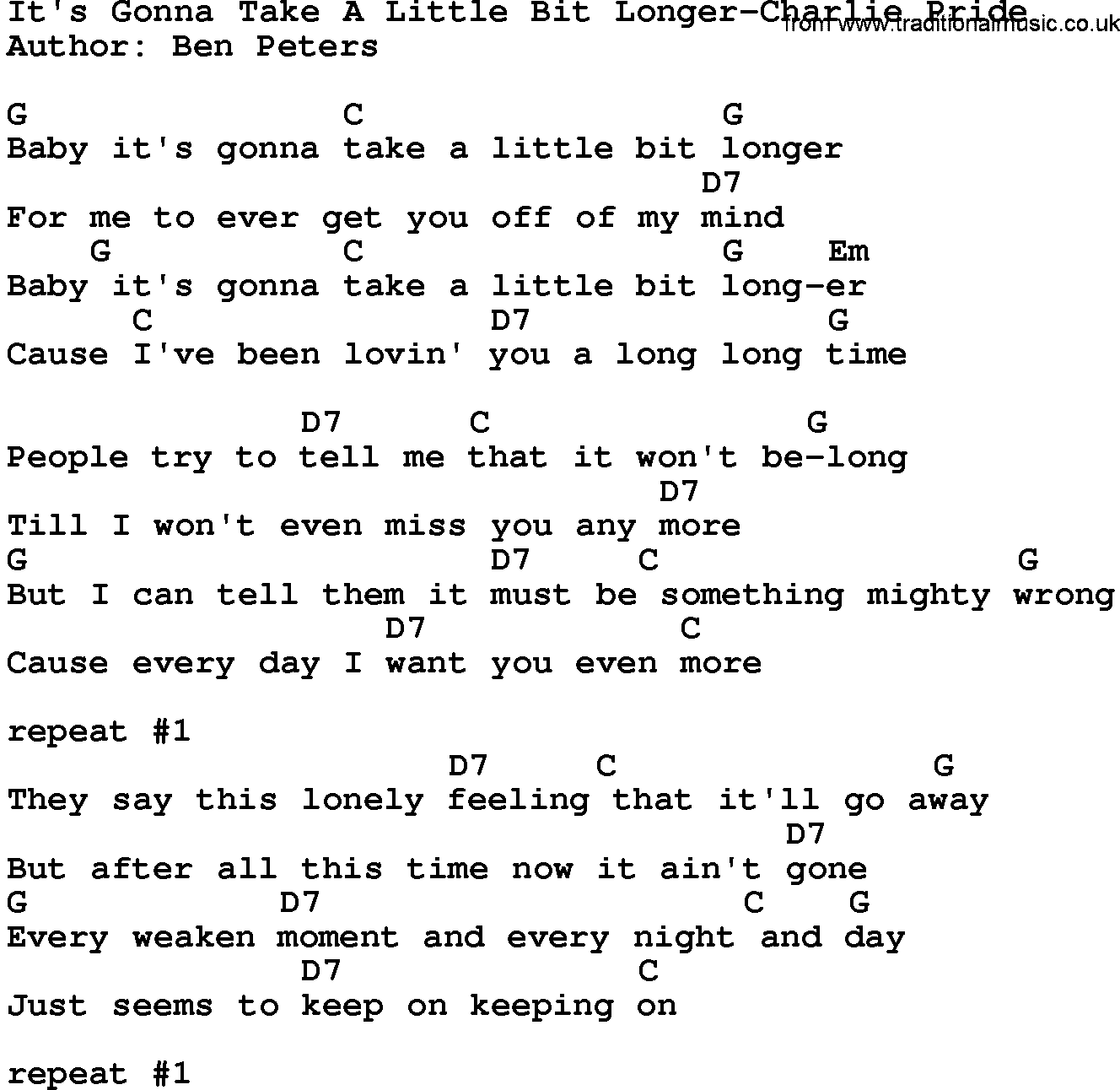 Country music song: It's Gonna Take A Little Bit Longer-Charlie Pride lyrics and chords