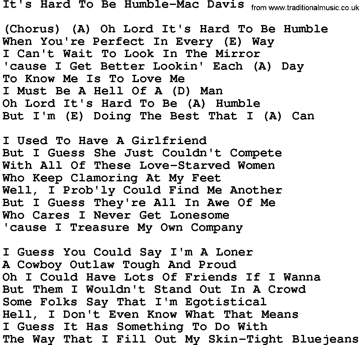 Country music song: It's Hard To Be Humble-Mac Davis lyrics and chords