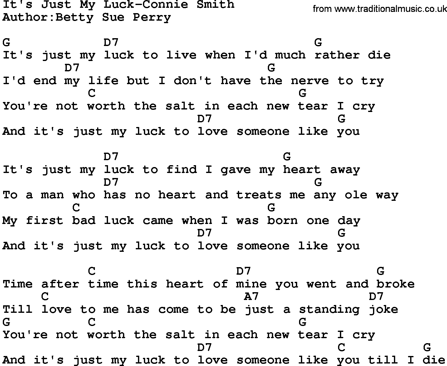Country music song: It's Just My Luck-Connie Smith lyrics and chords